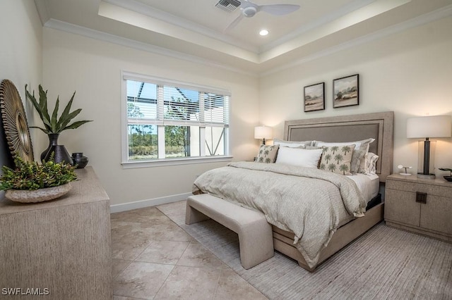 bedroom with visible vents, crown molding, baseboards, a tray ceiling, and recessed lighting