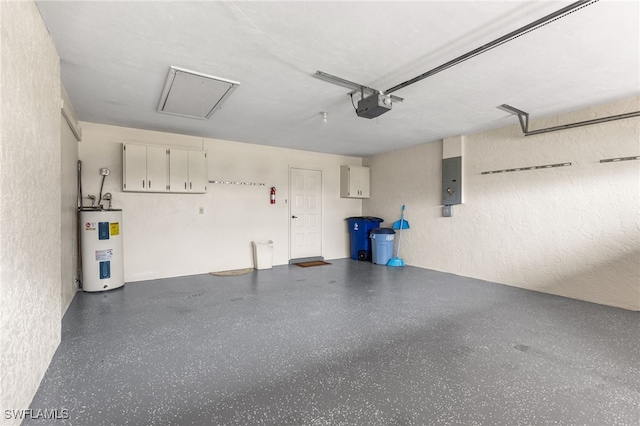 garage featuring electric panel, a garage door opener, and electric water heater