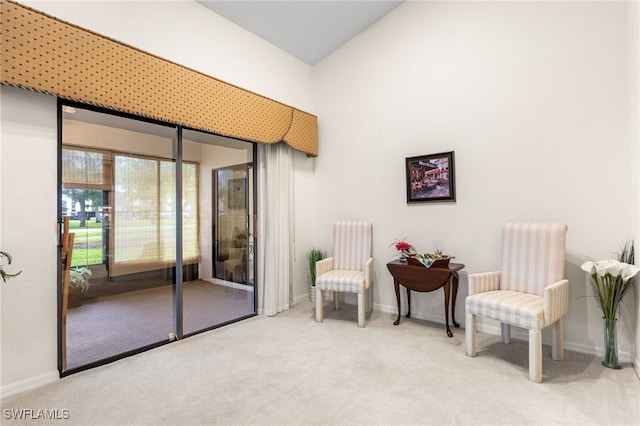 living area featuring baseboards and carpet floors