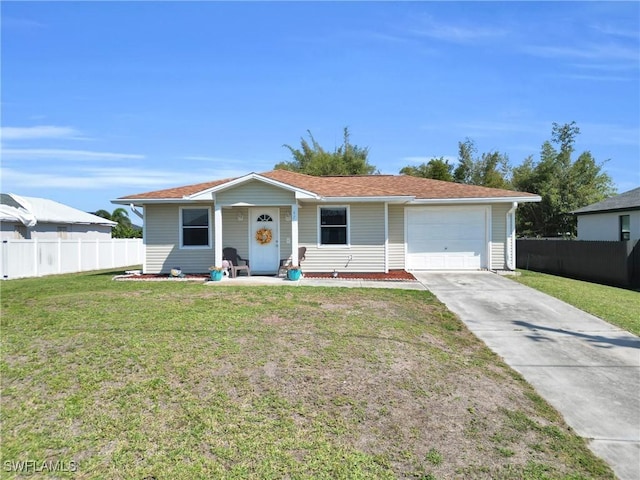 single story home with driveway, an attached garage, a front yard, and fence