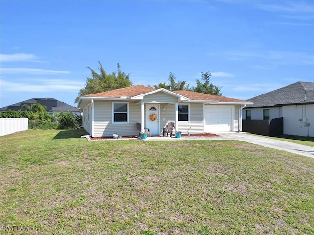 single story home featuring a garage, a front yard, driveway, and fence