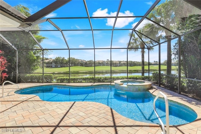 view of swimming pool with a patio area, a pool with connected hot tub, a lanai, and a water view