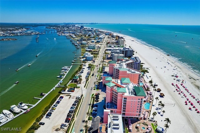 aerial view featuring a beach view and a water view