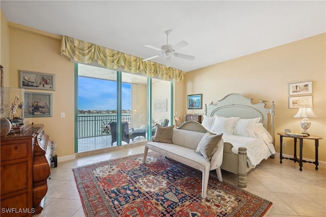 bedroom with ceiling fan, baseboards, light tile patterned flooring, and access to outside