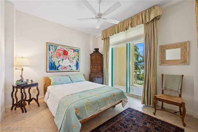 bedroom with access to outside, light tile patterned floors, baseboards, and ceiling fan