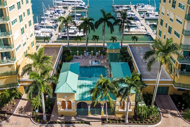 view of building exterior featuring a water view