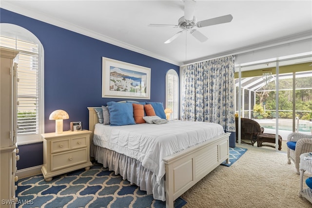 12922 Kedleston Cir, Fort Myers, FL 33912 - carpeted bedroom featuring access to exterior, ornamental molding, and ceiling fan