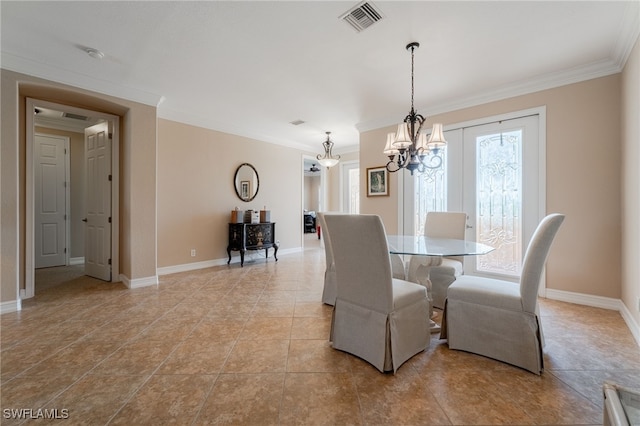 dining area with visible vents, baseboards, and ornamental molding