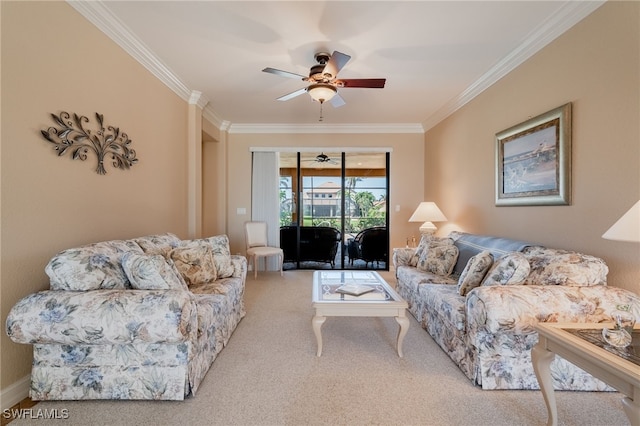 carpeted living area featuring ceiling fan and ornamental molding