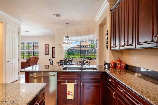 kitchen featuring visible vents, a sink, stainless steel dishwasher, dark stone counters, and crown molding