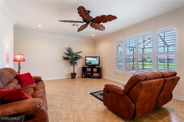 living area featuring visible vents, a ceiling fan, recessed lighting, crown molding, and baseboards