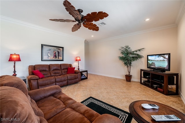 living area featuring visible vents, baseboards, and crown molding