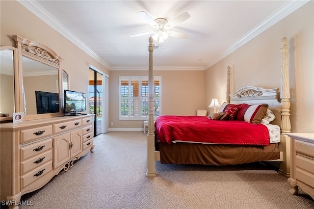 bedroom with baseboards, light carpet, ornamental molding, and a ceiling fan