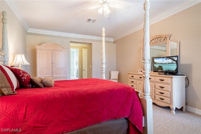 bedroom with visible vents, baseboards, ceiling fan, ornamental molding, and light carpet