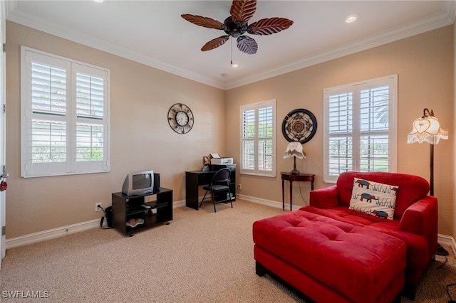 living area with a ceiling fan, baseboards, recessed lighting, ornamental molding, and carpet flooring