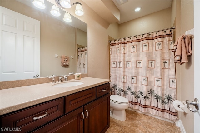 full bathroom with tile patterned flooring, a shower with shower curtain, toilet, and vanity