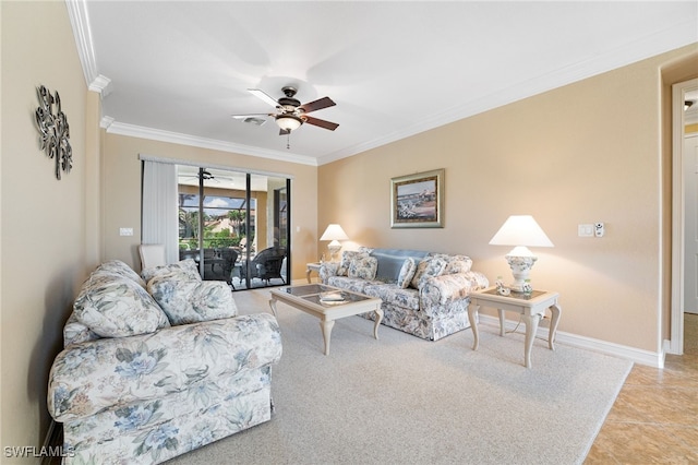 5220 SW 22nd Ave, Cape Coral, FL 33914 - living room with ornamental molding, a ceiling fan, and light tile patterned floors