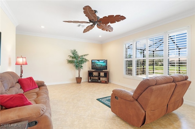 5220 SW 22nd Ave, Cape Coral, FL 33914 - living area featuring crown molding, ceiling fan, and recessed lighting