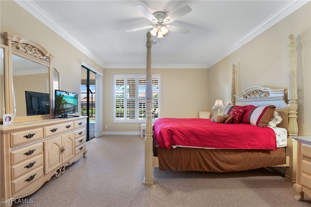 5220 SW 22nd Ave, Cape Coral, FL 33914 - bedroom featuring light carpet, crown molding, a ceiling fan, and access to outside