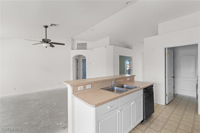 kitchen with visible vents, black dishwasher, arched walkways, white cabinetry, and a sink