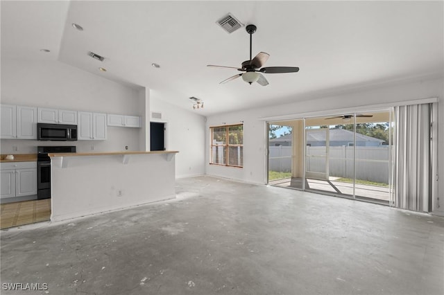 unfurnished living room with a ceiling fan, visible vents, concrete floors, and high vaulted ceiling