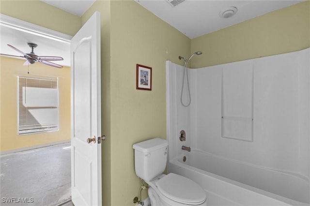 bathroom with visible vents, concrete floors, tub / shower combination, ceiling fan, and toilet