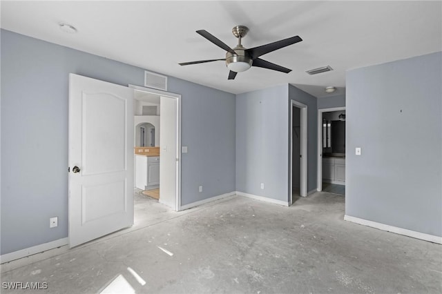 unfurnished bedroom featuring ceiling fan, visible vents, baseboards, and connected bathroom