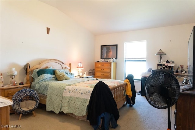 bedroom with lofted ceiling and carpet floors