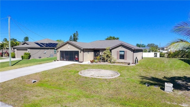 ranch-style house featuring a front lawn, an attached garage, driveway, and stucco siding