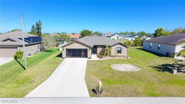 single story home featuring a garage, concrete driveway, a front yard, and a residential view