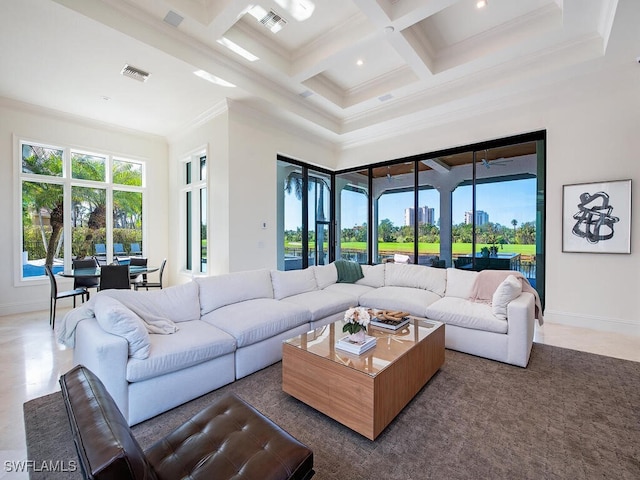 living area featuring visible vents, plenty of natural light, coffered ceiling, and crown molding