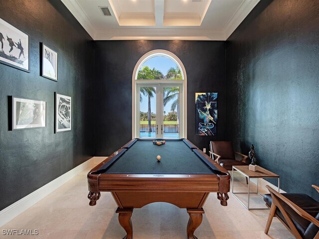 rec room with visible vents, ornamental molding, billiards, french doors, and a textured wall