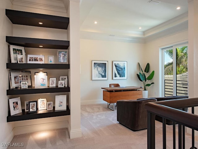 carpeted office space featuring recessed lighting, a raised ceiling, crown molding, and baseboards