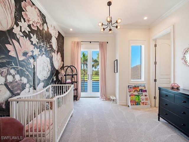 bedroom featuring baseboards, an inviting chandelier, recessed lighting, ornamental molding, and carpet flooring