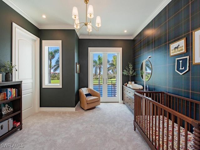 carpeted bedroom featuring baseboards, recessed lighting, ornamental molding, french doors, and a notable chandelier