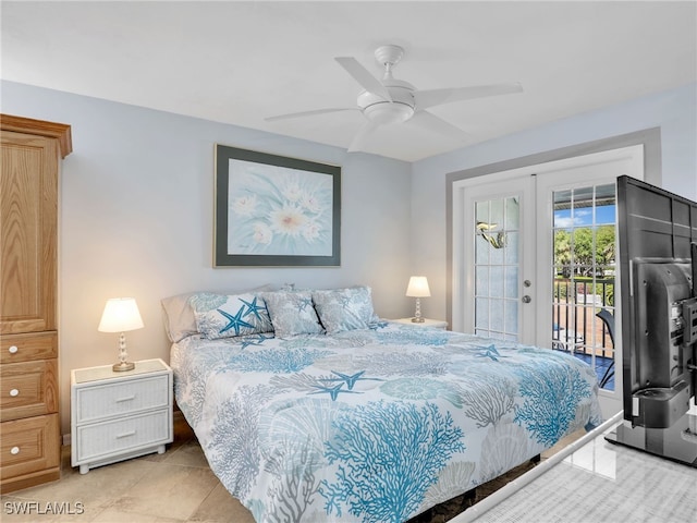 bedroom featuring access to exterior, french doors, and ceiling fan