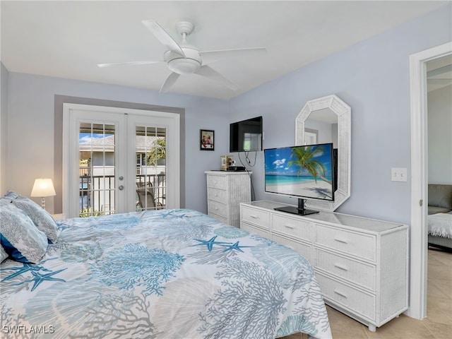 bedroom with a ceiling fan, access to exterior, light tile patterned flooring, and french doors