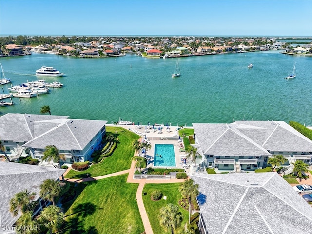 drone / aerial view featuring a water view