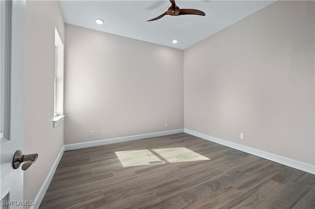 unfurnished room featuring recessed lighting, baseboards, a ceiling fan, and wood finished floors