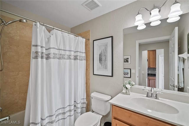 bathroom with visible vents, shower / bathtub combination with curtain, toilet, and vanity