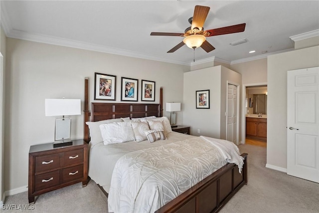 bedroom with visible vents, light colored carpet, connected bathroom, and ornamental molding