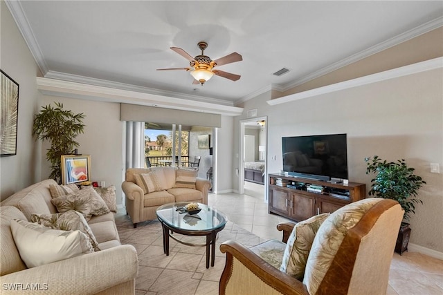 living area with visible vents, baseboards, ceiling fan, ornamental molding, and light tile patterned flooring