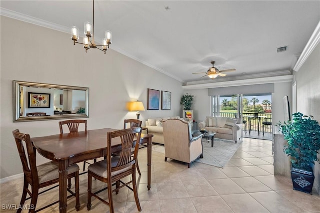 dining room with crown molding, light tile patterned flooring, ceiling fan with notable chandelier, and visible vents