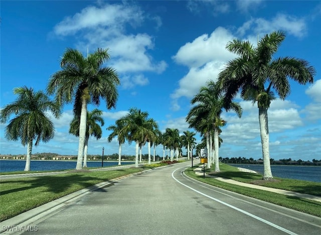 view of street with sidewalks, curbs, and a water view