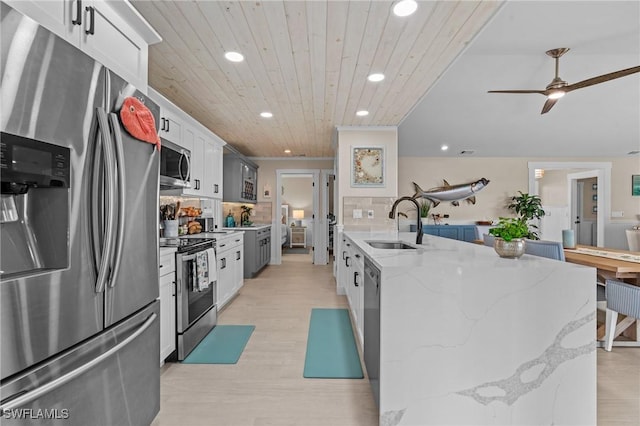 kitchen with decorative backsplash, recessed lighting, wooden ceiling, stainless steel appliances, and a sink