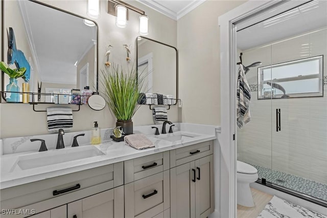 full bathroom featuring a shower stall, toilet, crown molding, and a sink