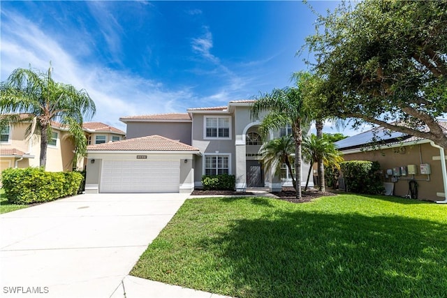 12391 Muddy Creek Ln, Fort Myers, FL 33913 - mediterranean / spanish-style house with a tiled roof, an attached garage, a front lawn, stucco siding, and concrete driveway