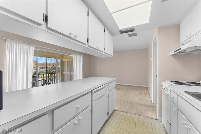 kitchen with white appliances, baseboards, visible vents, light countertops, and white cabinets