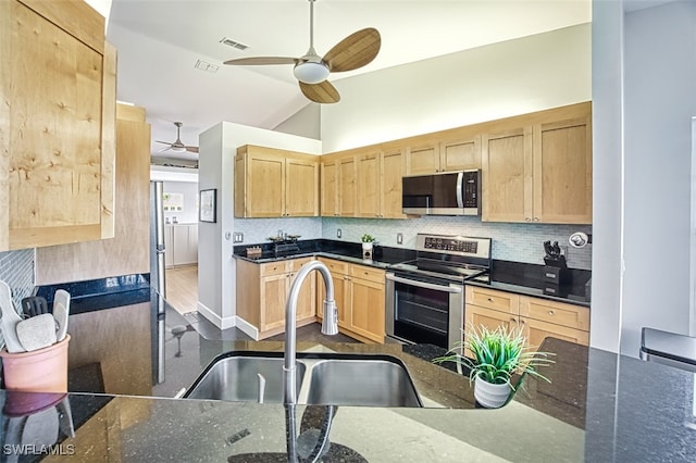 kitchen with light brown cabinets, stainless steel appliances, and a sink