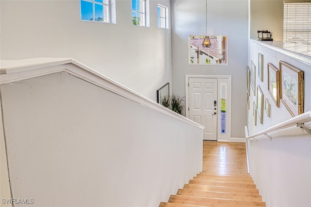 stairway featuring a towering ceiling and wood finished floors